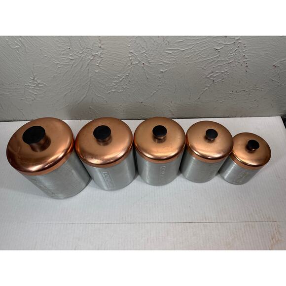 MCM Set of 5 Spun Aluminum Kitchen Canisters Copper Color Lids Made in Italy - Picture 2 of 9